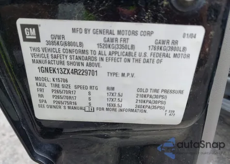 2004 Chevrolet Tahoe Z71 from USA, damaged, VIN 1GNEK13ZX4R229701